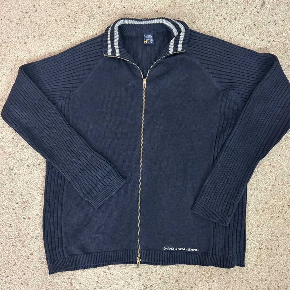 Vintage Y2K Nautica Full Zip Sweater Navy Blue Ribbed Knit Size Large Men's